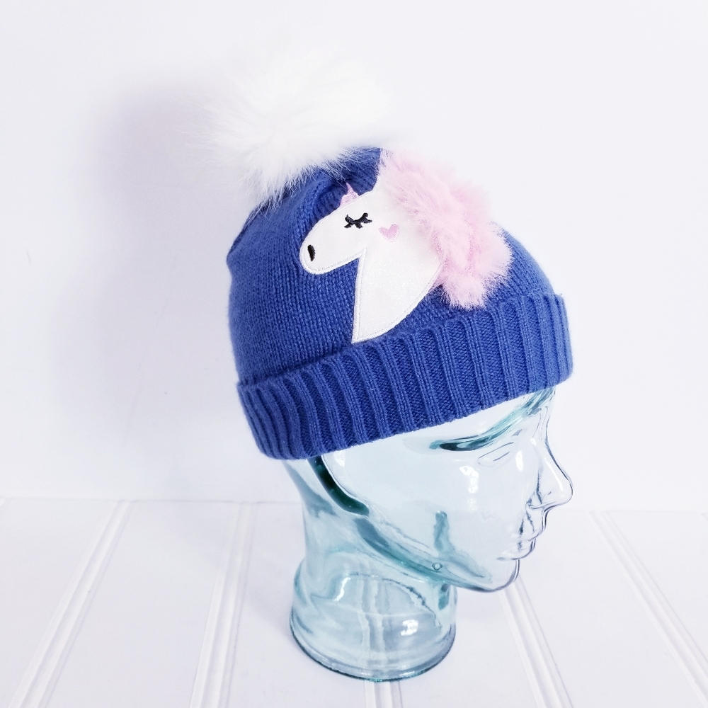 Emma & Elsa Girls Unicorn Beanie 4-6X Pom Pom Faux Fur Cozy Winter Knit Hat Blue